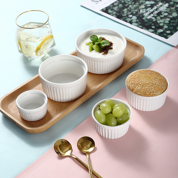 Keramické misky na puding s ratanovým okrajom, odolné voči mikrovlnnej rúre, misky na suflé a parené vajcia, guľatý tvar, priehľadná glazúra, možnosť potlače loga