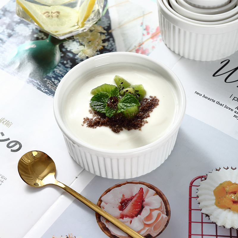 Keramické misky na puding s ratanovým okrajom, odolné voči mikrovlnnej rúre, misky na suflé a parené vajcia, guľatý tvar, priehľadná glazúra, možnosť potlače loga