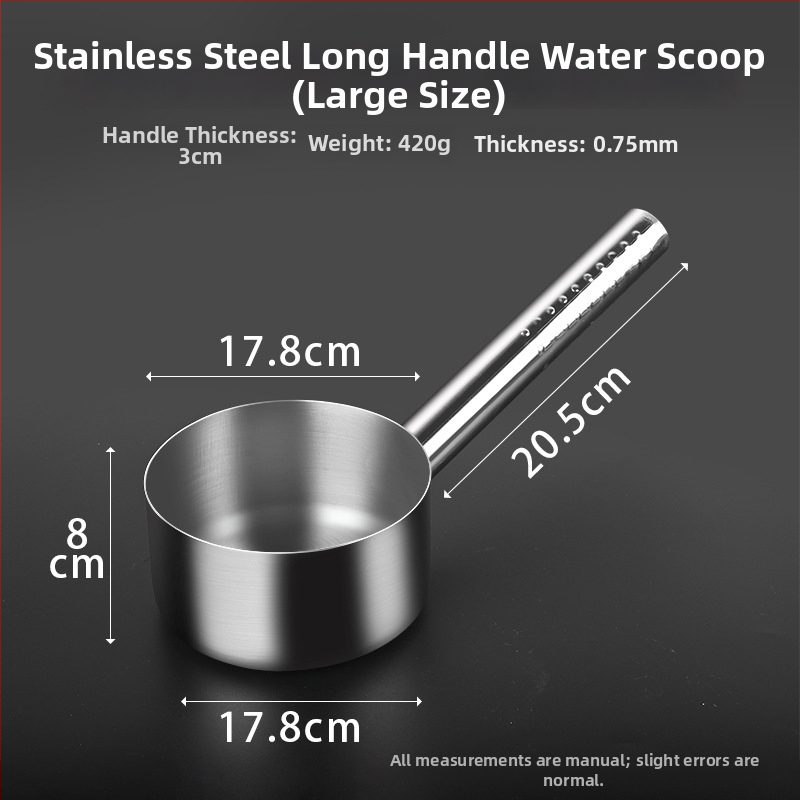 Nerezová oceľová lyžica s dlhým držadlom – na polievanie rastlín, polievku a miešanie; dvojité využitie v kuchyni a na záhrade