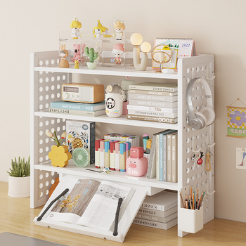 Stalo knygų spinta su daug sluoksnių dizainu ir reguliuojamomis pertvaromis, skylėta lenta organizacijai, modelis 0010