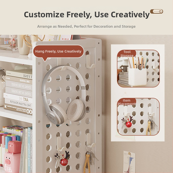 Stalo knygų spinta su daug sluoksnių dizainu ir reguliuojamomis pertvaromis, skylėta lenta organizacijai, modelis 0010