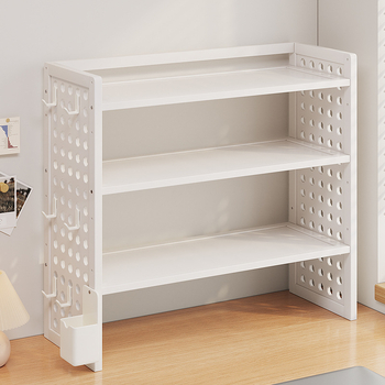 Stalo knygų spinta su daug sluoksnių dizainu ir reguliuojamomis pertvaromis, skylėta lenta organizacijai, modelis 0010