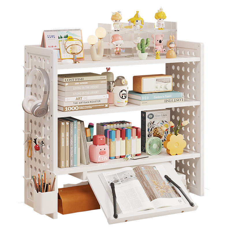 Stalo knygų spinta su daug sluoksnių dizainu ir reguliuojamomis pertvaromis, skylėta lenta organizacijai, modelis 0010