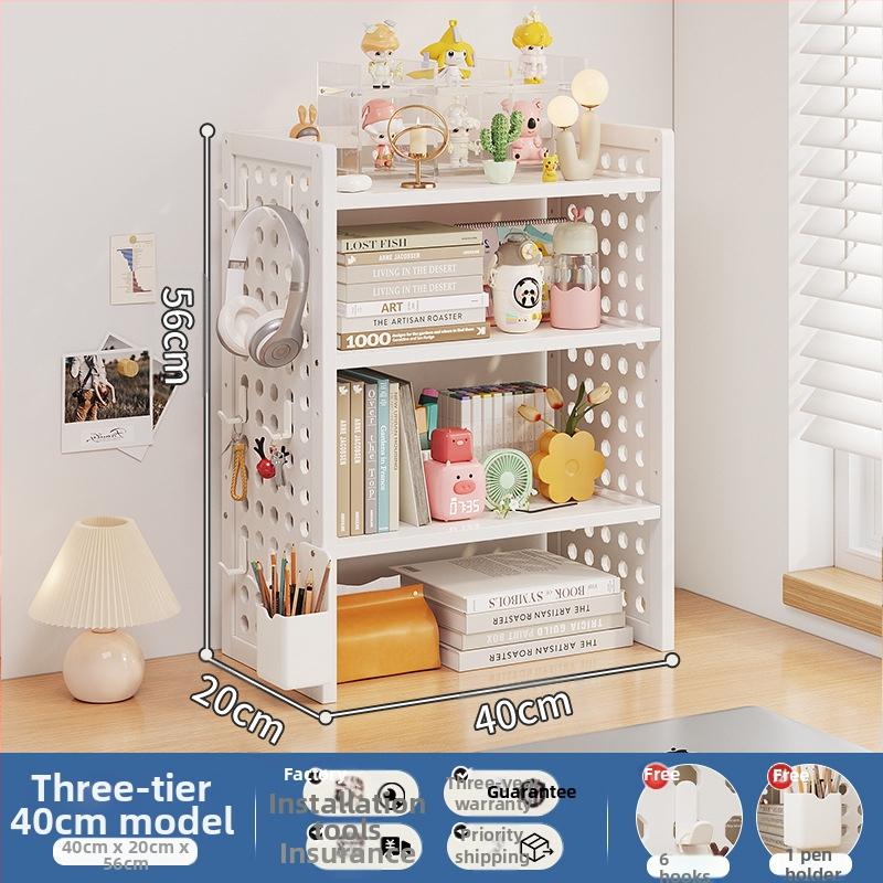 Stalo knygų spinta su daug sluoksnių dizainu ir reguliuojamomis pertvaromis, skylėta lenta organizacijai, modelis 0010