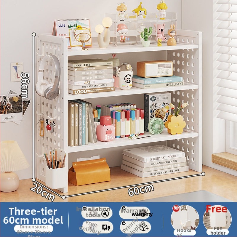 Stalo knygų spinta su daug sluoksnių dizainu ir reguliuojamomis pertvaromis, skylėta lenta organizacijai, modelis 0010