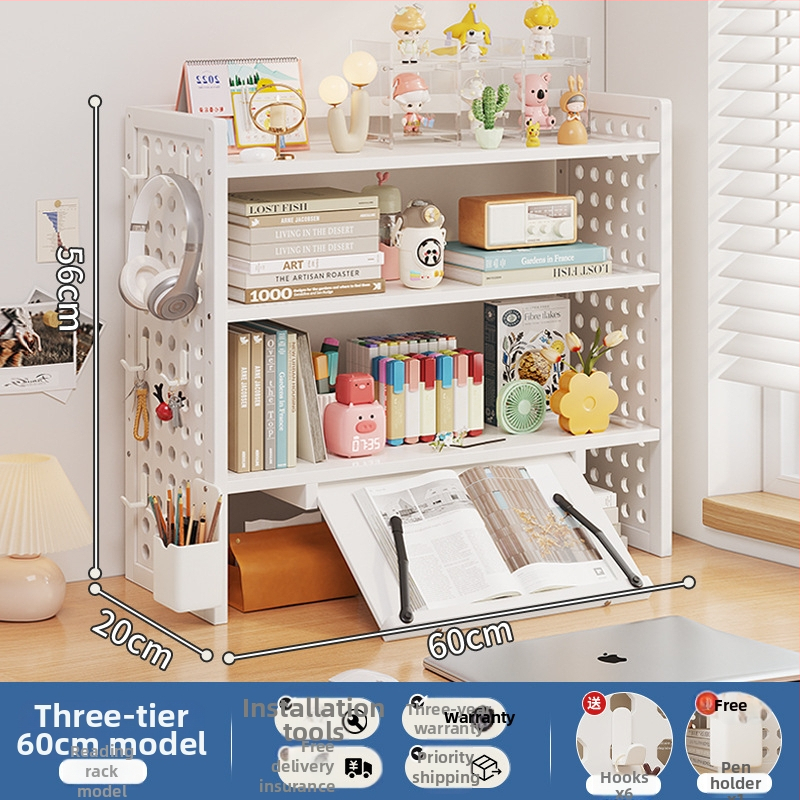 Stalo knygų spinta su daug sluoksnių dizainu ir reguliuojamomis pertvaromis, skylėta lenta organizacijai, modelis 0010