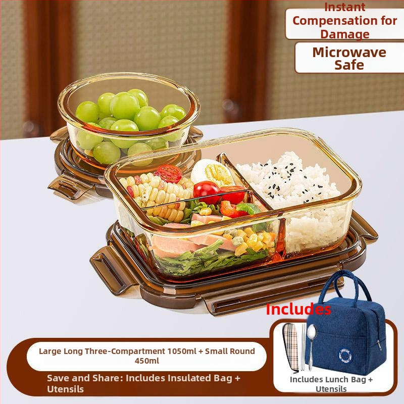 Pietų dėžutė iš borosilikatinio stiklo, tinkama mikrobangų krosnelei, sandari, izoliuota, su dangteliu