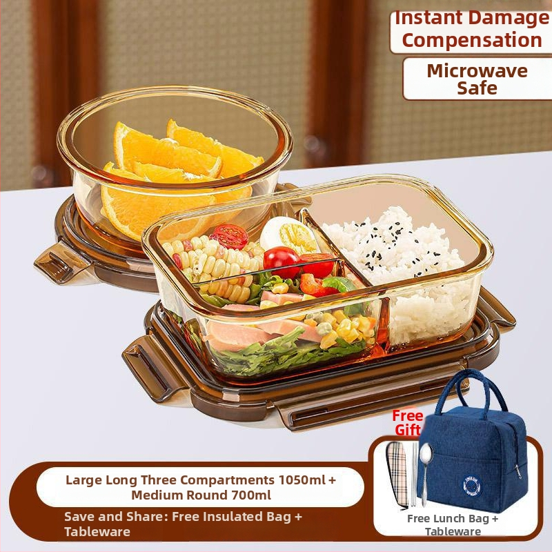 Pietų dėžutė iš borosilikatinio stiklo, tinkama mikrobangų krosnelei, sandari, izoliuota, su dangteliu