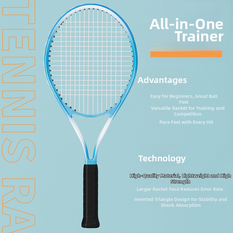 Tennise treeningreket – alumiiniumist raam; kaal 95–100 g; käepideme paksus G1; reketi tüüp: sirge löök; stringi materjal: nailon