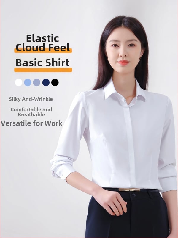 Női hosszú ujjú ing őszi irodai viselethez, vasalásmentes anyag, bambuszrost és poliészter keverék (30-50% mindkettő), hímzett logó, négyzetes gallér.