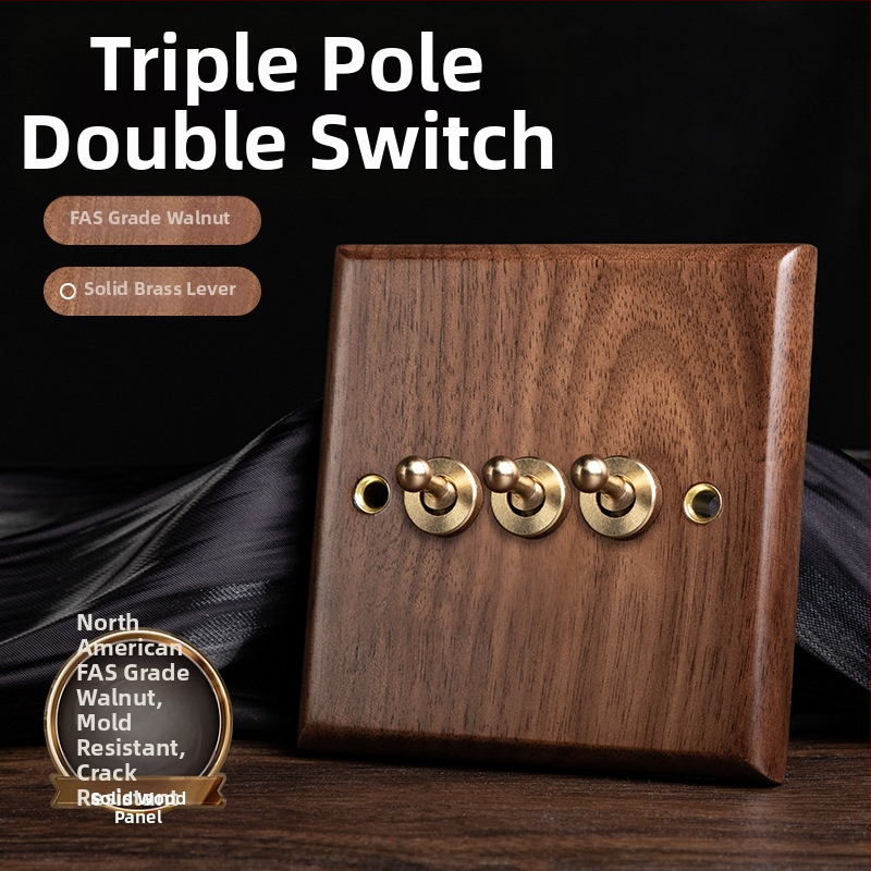 86 tipa sienas kontaktu panelis, Walnut Lever sērija, masīvs melnā valrieksta koks, vara svira, 10A, 220V