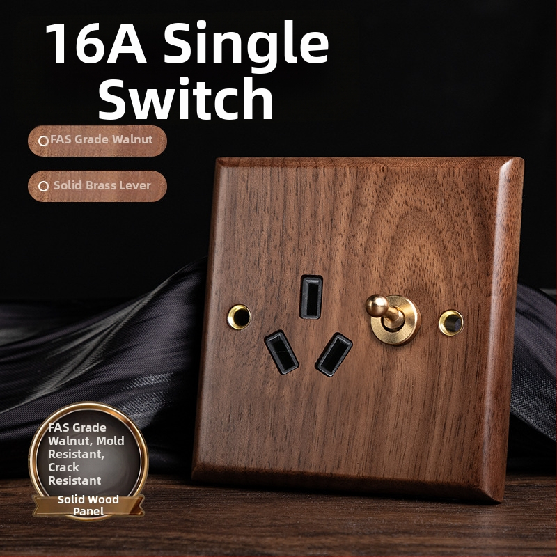 86 tipa sienas kontaktu panelis, Walnut Lever sērija, masīvs melnā valrieksta koks, vara svira, 10A, 220V