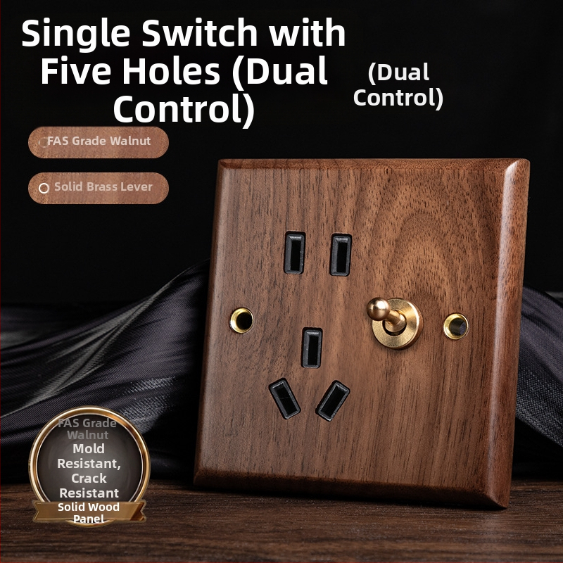 86 tipa sienas kontaktu panelis, Walnut Lever sērija, masīvs melnā valrieksta koks, vara svira, 10A, 220V