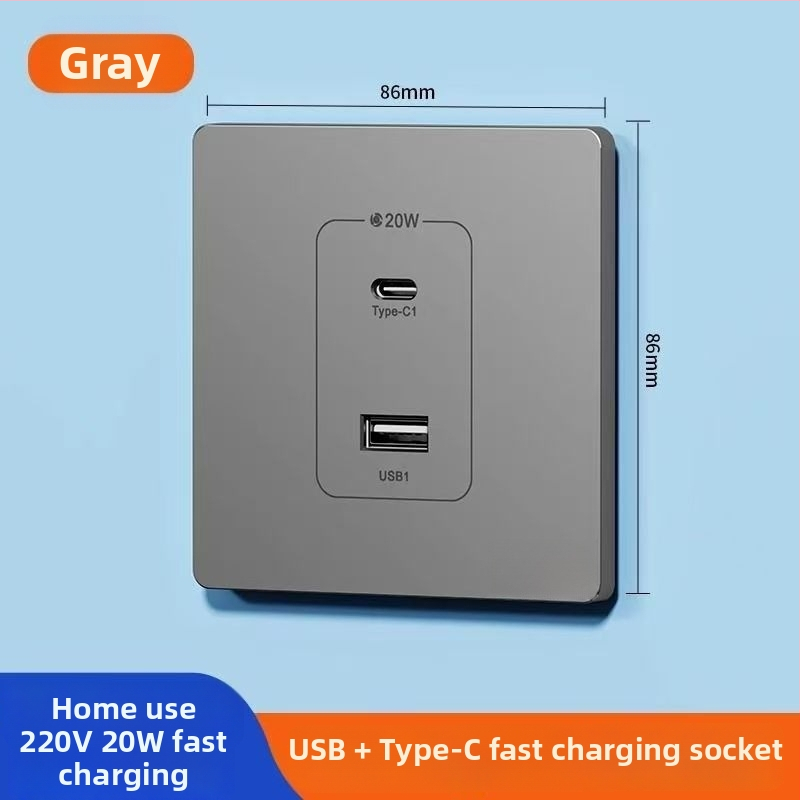 Zidni USB napajanje pločica s 20W brzim punjenjem, dvostruke USB utičnice (USB-A 2A + USB-C), 220V, vodljivo tijelo od fosfor bronca, 3C certificirano