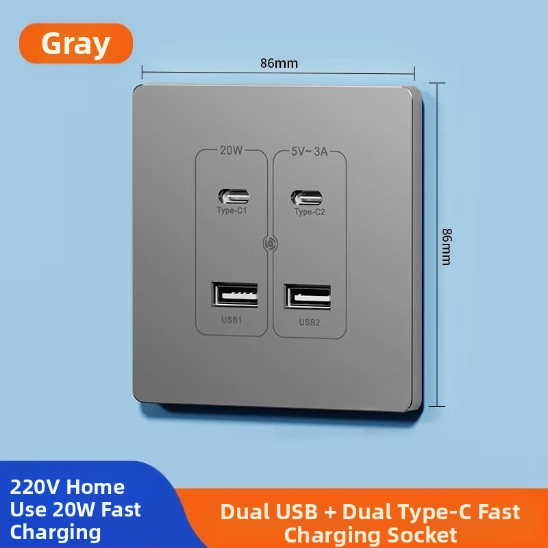 Zidni USB napajanje pločica s 20W brzim punjenjem, dvostruke USB utičnice (USB-A 2A + USB-C), 220V, vodljivo tijelo od fosfor bronca, 3C certificirano