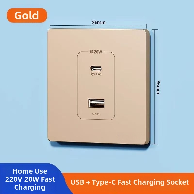 Zidni USB napajanje pločica s 20W brzim punjenjem, dvostruke USB utičnice (USB-A 2A + USB-C), 220V, vodljivo tijelo od fosfor bronca, 3C certificirano