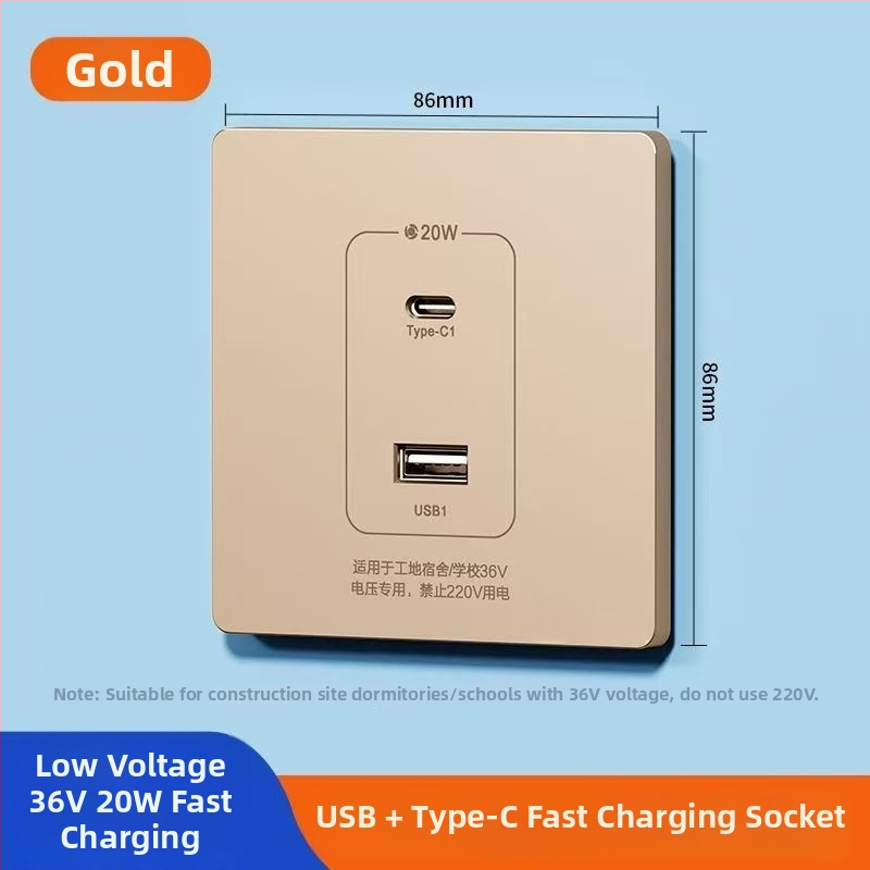 Zidni USB napajanje pločica s 20W brzim punjenjem, dvostruke USB utičnice (USB-A 2A + USB-C), 220V, vodljivo tijelo od fosfor bronca, 3C certificirano