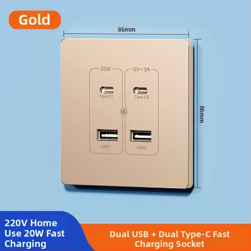 Zidni USB napajanje pločica s 20W brzim punjenjem, dvostruke USB utičnice (USB-A 2A + USB-C), 220V, vodljivo tijelo od fosfor bronca, 3C certificirano