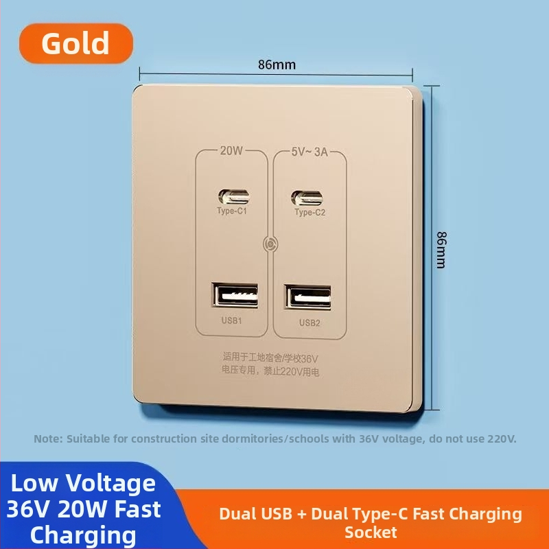 Zidni USB napajanje pločica s 20W brzim punjenjem, dvostruke USB utičnice (USB-A 2A + USB-C), 220V, vodljivo tijelo od fosfor bronca, 3C certificirano