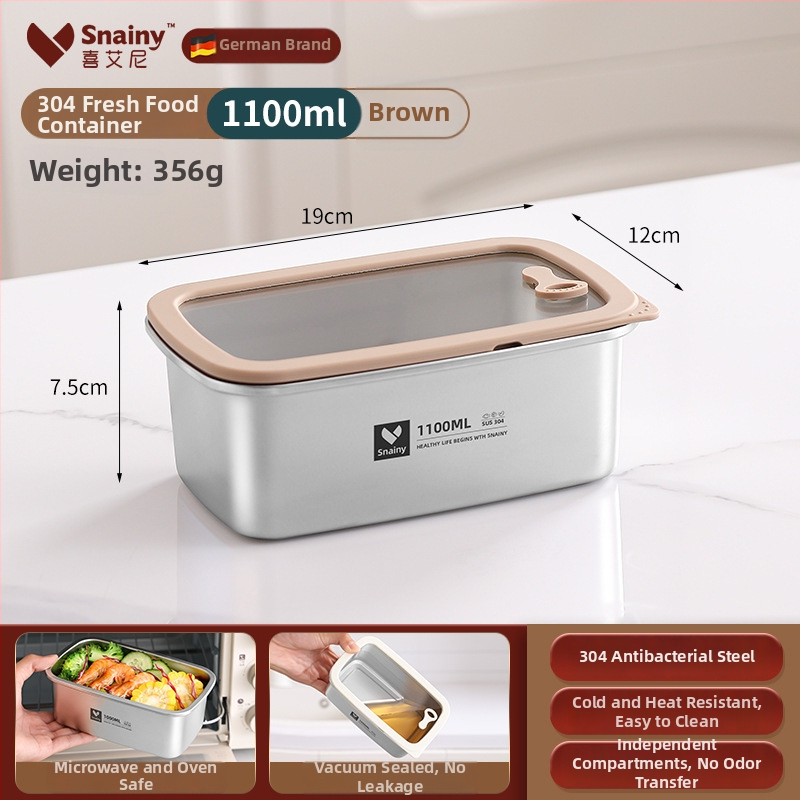 Pusdienu kastīte no 304 nerūsējošā tērauda ar vāku, kvadrātveida, mikroviļņu krāsnij droša, tilpums 800–1000 ml