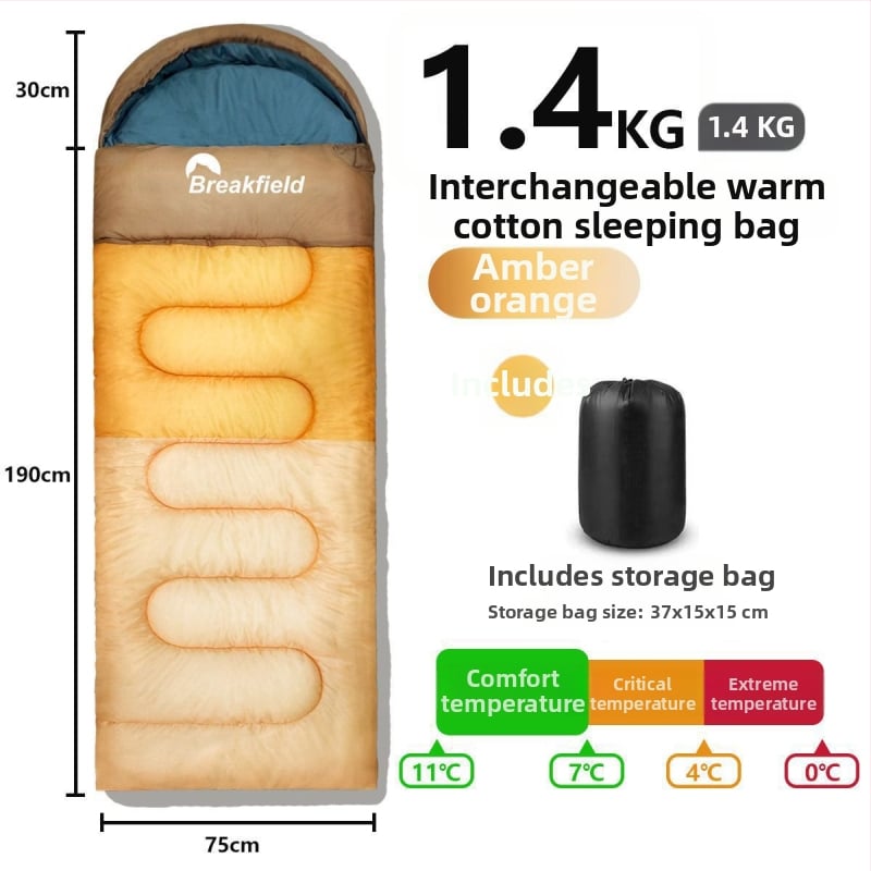 Outdoor stanovanie spací vak na kempovanie, vodeodolný, hrubý výplň, štýl obálky, s kapucňou (Výplň: duté bavlnené vlákno; Podšívka: Chunya Spinning; Materiál: polyester taft; Štruktúra: obálka; Hmotnosť: 1200 g)