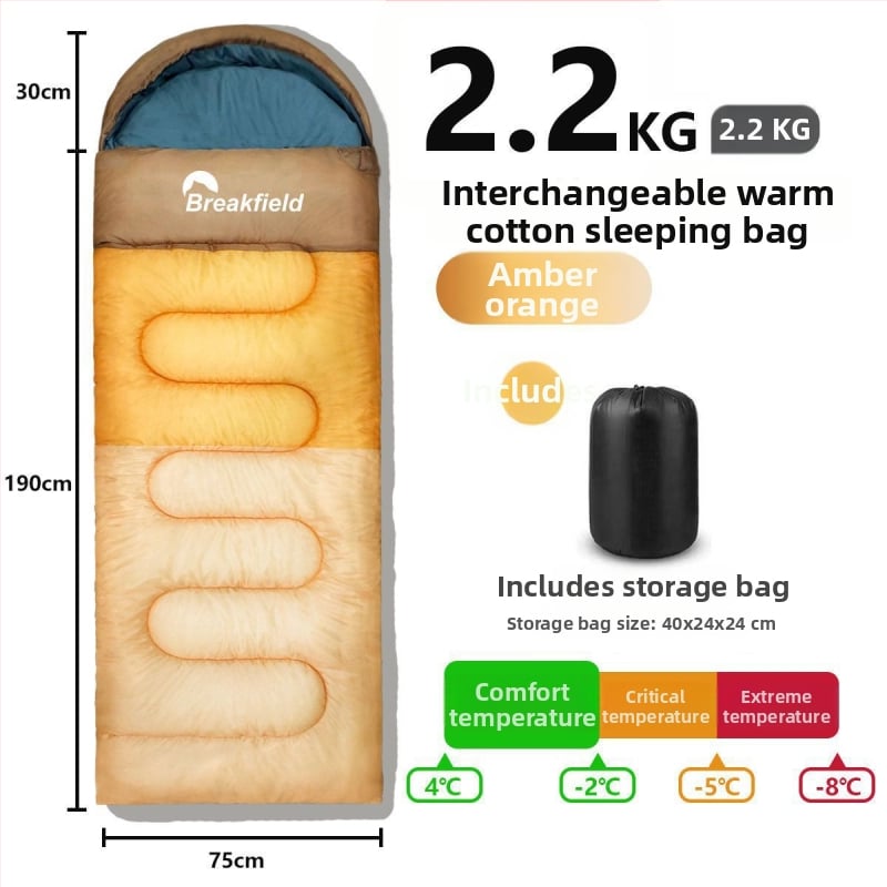 Outdoor stanovanie spací vak na kempovanie, vodeodolný, hrubý výplň, štýl obálky, s kapucňou (Výplň: duté bavlnené vlákno; Podšívka: Chunya Spinning; Materiál: polyester taft; Štruktúra: obálka; Hmotnosť: 1200 g)
