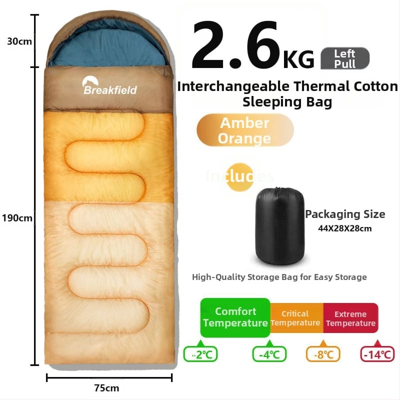 Outdoor stanovanie spací vak na kempovanie, vodeodolný, hrubý výplň, štýl obálky, s kapucňou (Výplň: duté bavlnené vlákno; Podšívka: Chunya Spinning; Materiál: polyester taft; Štruktúra: obálka; Hmotnosť: 1200 g)