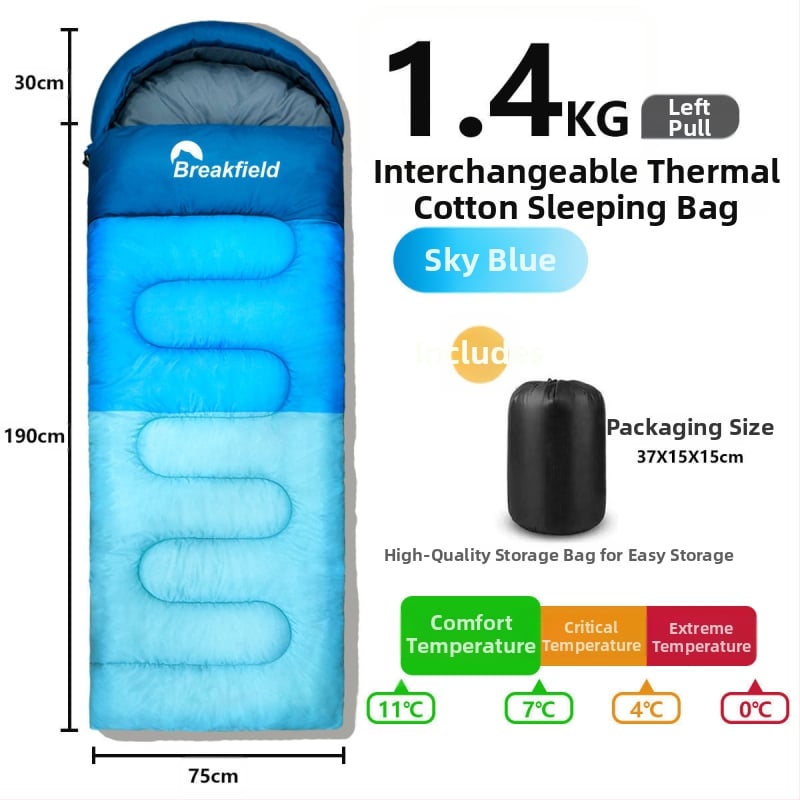 Outdoor stanovanie spací vak na kempovanie, vodeodolný, hrubý výplň, štýl obálky, s kapucňou (Výplň: duté bavlnené vlákno; Podšívka: Chunya Spinning; Materiál: polyester taft; Štruktúra: obálka; Hmotnosť: 1200 g)