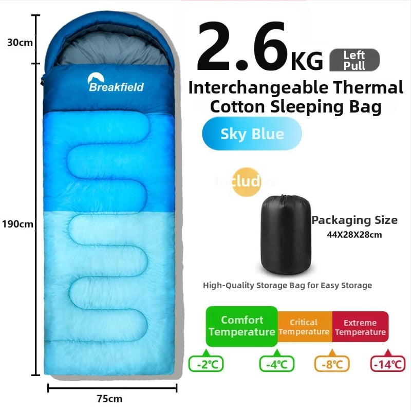 Outdoor stanovanie spací vak na kempovanie, vodeodolný, hrubý výplň, štýl obálky, s kapucňou (Výplň: duté bavlnené vlákno; Podšívka: Chunya Spinning; Materiál: polyester taft; Štruktúra: obálka; Hmotnosť: 1200 g)