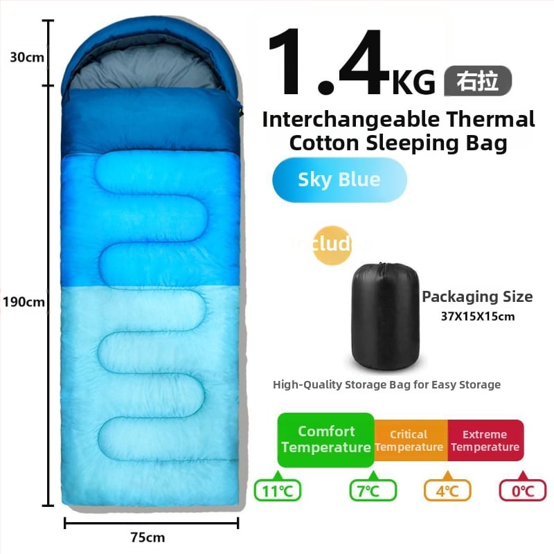 Outdoor stanovanie spací vak na kempovanie, vodeodolný, hrubý výplň, štýl obálky, s kapucňou (Výplň: duté bavlnené vlákno; Podšívka: Chunya Spinning; Materiál: polyester taft; Štruktúra: obálka; Hmotnosť: 1200 g)