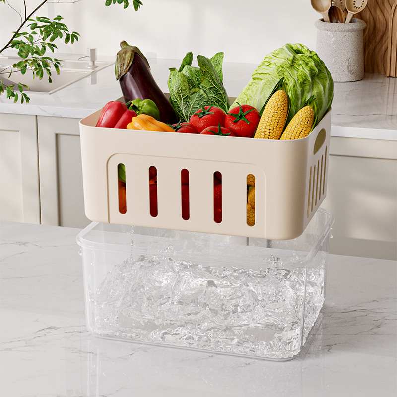 Maisto kokybės plastikinė laikymo dėžutė su dangčiu, sandari, su nusausinimo skyriaus vaisiams, tinkama mikrobangų krosnelei (Plastikas • Sandari • Nusausinimo skyrius • Mikrobangų)