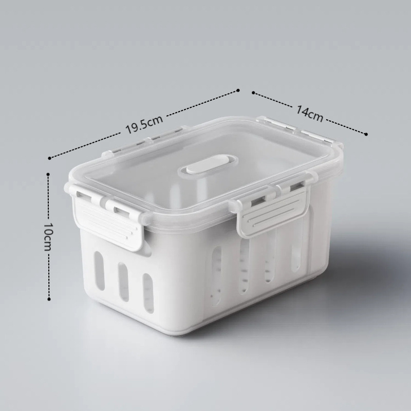 Maisto kokybės plastikinė laikymo dėžutė su dangčiu, sandari, su nusausinimo skyriaus vaisiams, tinkama mikrobangų krosnelei (Plastikas • Sandari • Nusausinimo skyrius • Mikrobangų)