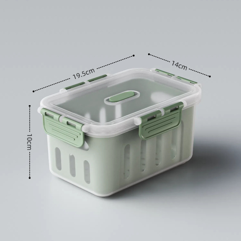 Maisto kokybės plastikinė laikymo dėžutė su dangčiu, sandari, su nusausinimo skyriaus vaisiams, tinkama mikrobangų krosnelei (Plastikas • Sandari • Nusausinimo skyrius • Mikrobangų)