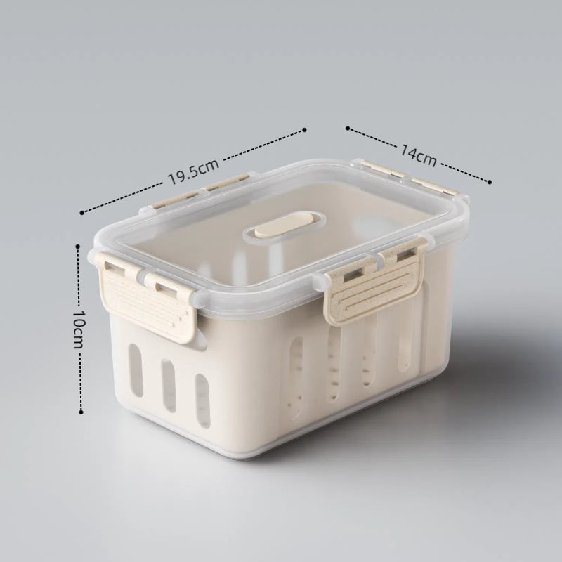 Maisto kokybės plastikinė laikymo dėžutė su dangčiu, sandari, su nusausinimo skyriaus vaisiams, tinkama mikrobangų krosnelei (Plastikas • Sandari • Nusausinimo skyrius • Mikrobangų)