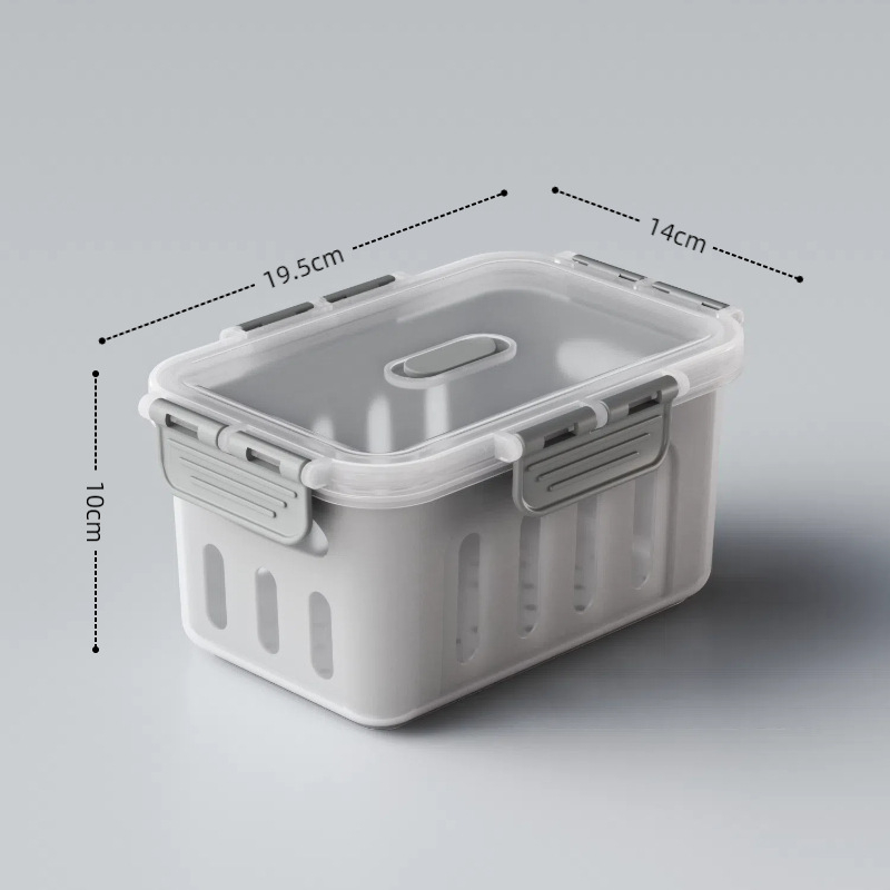 Maisto kokybės plastikinė laikymo dėžutė su dangčiu, sandari, su nusausinimo skyriaus vaisiams, tinkama mikrobangų krosnelei (Plastikas • Sandari • Nusausinimo skyrius • Mikrobangų)