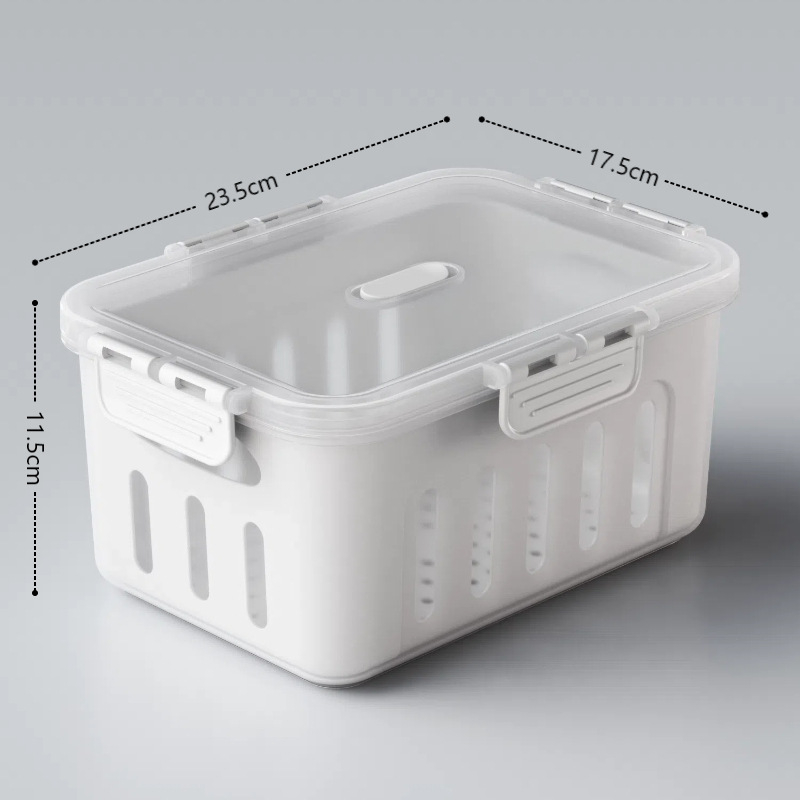 Maisto kokybės plastikinė laikymo dėžutė su dangčiu, sandari, su nusausinimo skyriaus vaisiams, tinkama mikrobangų krosnelei (Plastikas • Sandari • Nusausinimo skyrius • Mikrobangų)