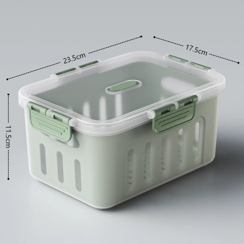 Maisto kokybės plastikinė laikymo dėžutė su dangčiu, sandari, su nusausinimo skyriaus vaisiams, tinkama mikrobangų krosnelei (Plastikas • Sandari • Nusausinimo skyrius • Mikrobangų)