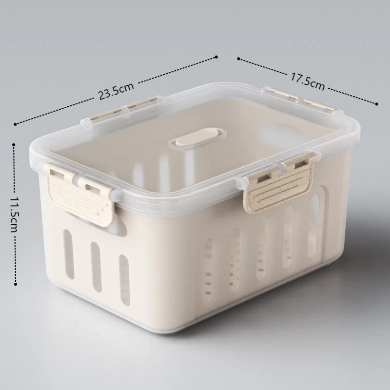 Maisto kokybės plastikinė laikymo dėžutė su dangčiu, sandari, su nusausinimo skyriaus vaisiams, tinkama mikrobangų krosnelei (Plastikas • Sandari • Nusausinimo skyrius • Mikrobangų)