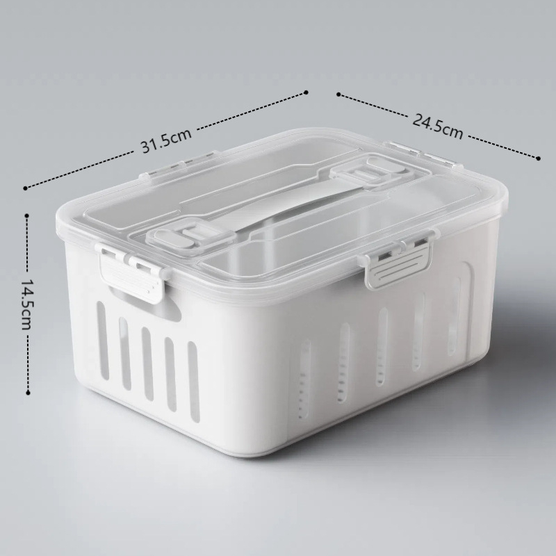 Maisto kokybės plastikinė laikymo dėžutė su dangčiu, sandari, su nusausinimo skyriaus vaisiams, tinkama mikrobangų krosnelei (Plastikas • Sandari • Nusausinimo skyrius • Mikrobangų)