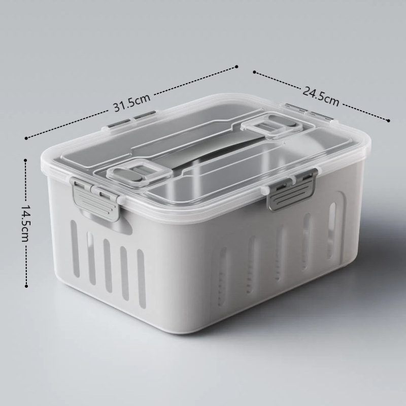 Maisto kokybės plastikinė laikymo dėžutė su dangčiu, sandari, su nusausinimo skyriaus vaisiams, tinkama mikrobangų krosnelei (Plastikas • Sandari • Nusausinimo skyrius • Mikrobangų)