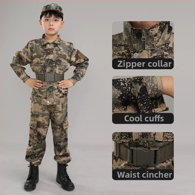 Treniņu uniforma ar kamuflāžas rakstu, ūdensnecaurlaidīga, no ķīmisko šķiedru maisījuma; bērniem, universāla, pavasaris–vasara–rudens