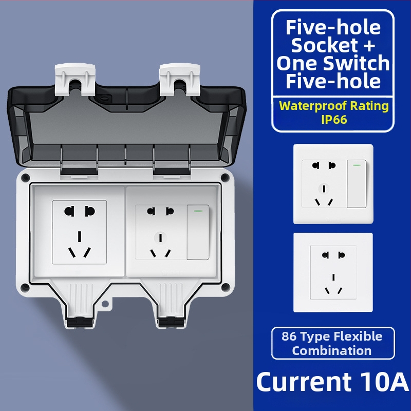 Vanjska vodootporna utičnica s integriranim površinskim prekidačem tipa 86, utičnica s pet priključaka u kišnoj kutiji, zidna montaža