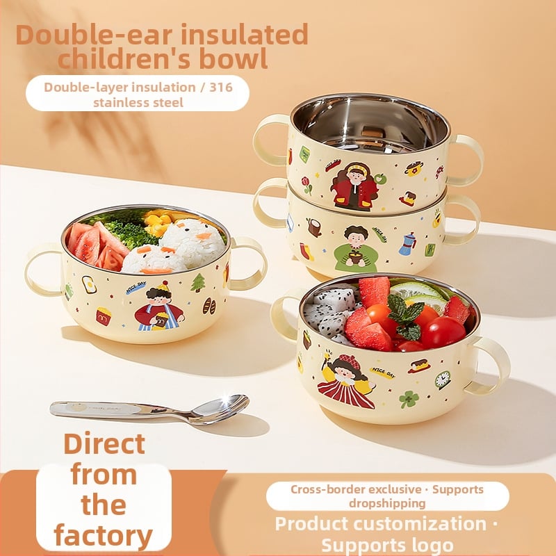 Dječja zdjela od 316 nerđajućeg čelika s poklopcem, dvostruki sloj, dvostruka ušica, nije pogodna za mikrovalnu
