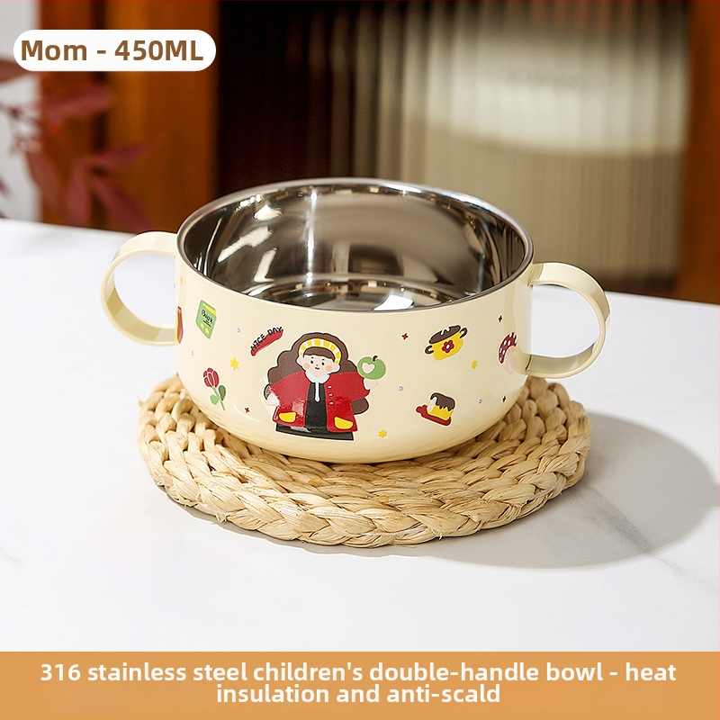 Detská miska na polievku z 316 nerezovej ocele s pokrievkou, dvojvrstvová, s dvoma uchami, nie je vhodná do mikrovlnky