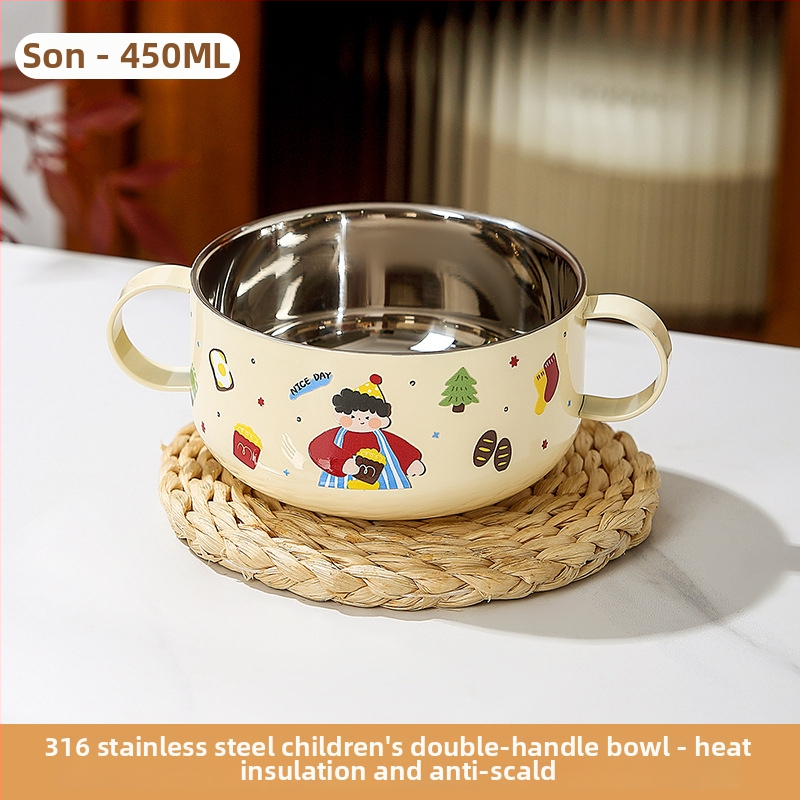 Detská miska na polievku z 316 nerezovej ocele s pokrievkou, dvojvrstvová, s dvoma uchami, nie je vhodná do mikrovlnky