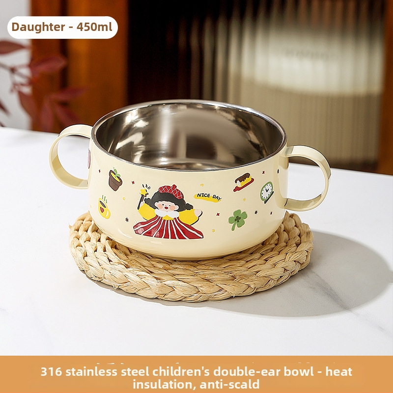 Detská miska na polievku z 316 nerezovej ocele s pokrievkou, dvojvrstvová, s dvoma uchami, nie je vhodná do mikrovlnky