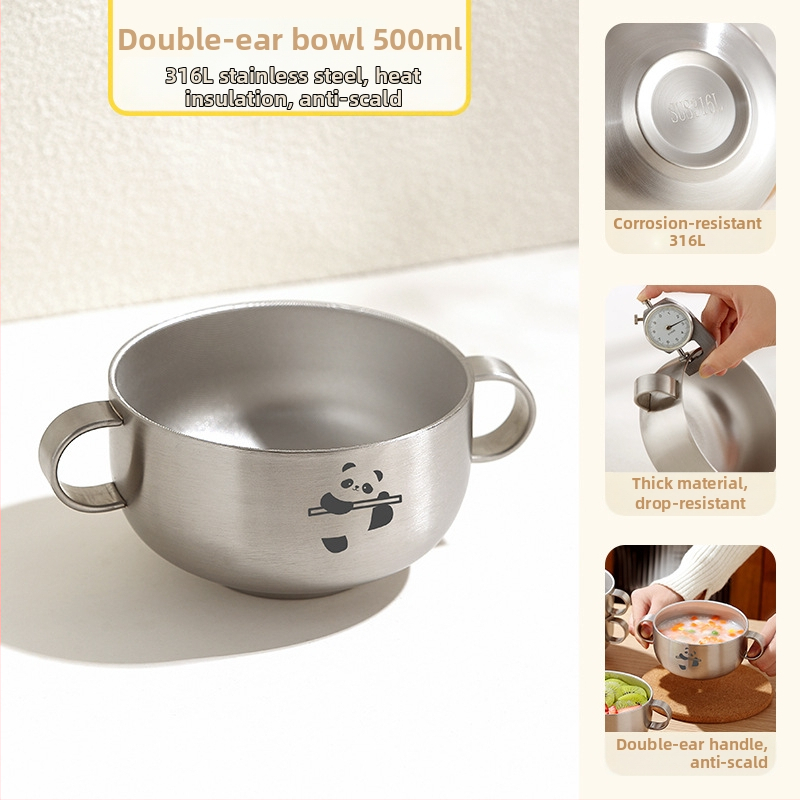 Detská miska na polievku z 316 nerezovej ocele s pokrievkou, dvojvrstvová, s dvoma uchami, nie je vhodná do mikrovlnky