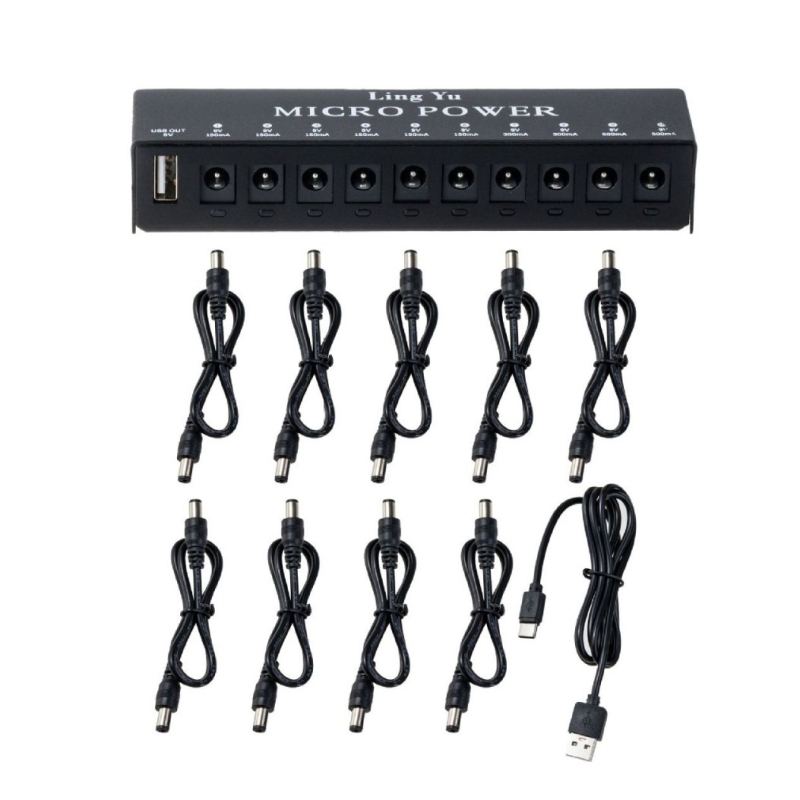 Sursă de alimentare pentru efecte, 10 canale, pentru instrumente muzicale, aliaj nichel-argintiu cu placare argintie, ambalaj într-o cutie din piele