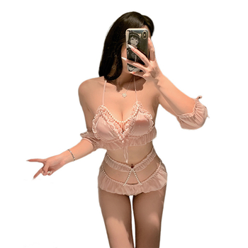 Σεξουαλικό σετ εσωρούχων με σχέδιο τριών σημείων, σουτιέν και σλιπ με μαργαριτάρια, πολυεστέρας 70–80% περιεκτικότητα