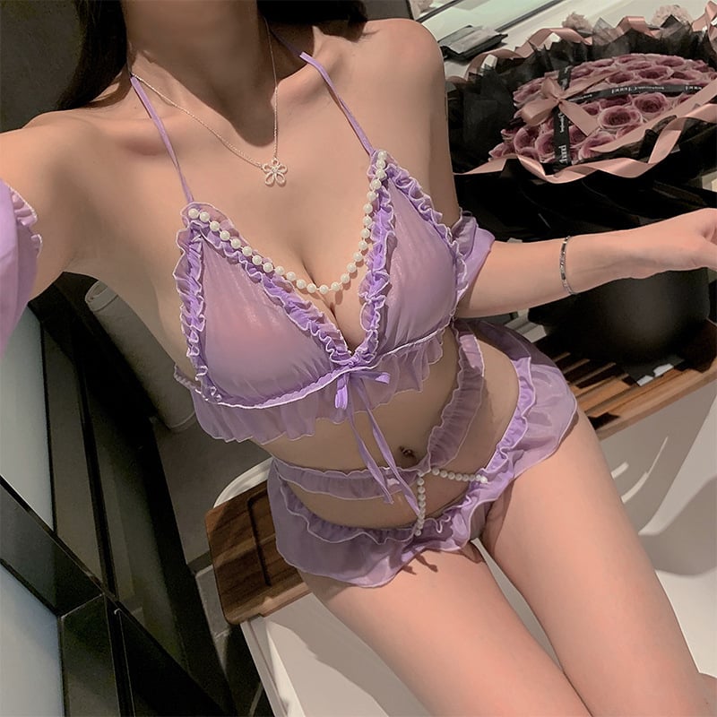 Σεξουαλικό σετ εσωρούχων με σχέδιο τριών σημείων, σουτιέν και σλιπ με μαργαριτάρια, πολυεστέρας 70–80% περιεκτικότητα